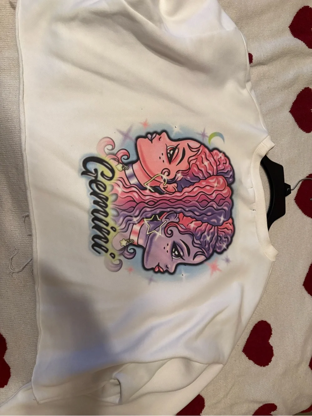 Dolls Kill White Gemini Crewneck Sweater with Pink & Purple Graphic